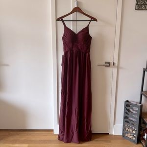 Burgundy Azazie Formal Gown. Never worn. Chiffon fabric with detailed lace back.